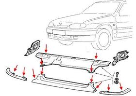схема крепления переднего бампера Lada (ВАЗ) 2113, 2114, 2115