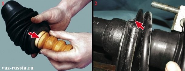 Вставление защитного чехла в проточку на буфере сжатия, и установка кончика пружины таким образом, чтобы он упёрся в выступ на нижней чашке